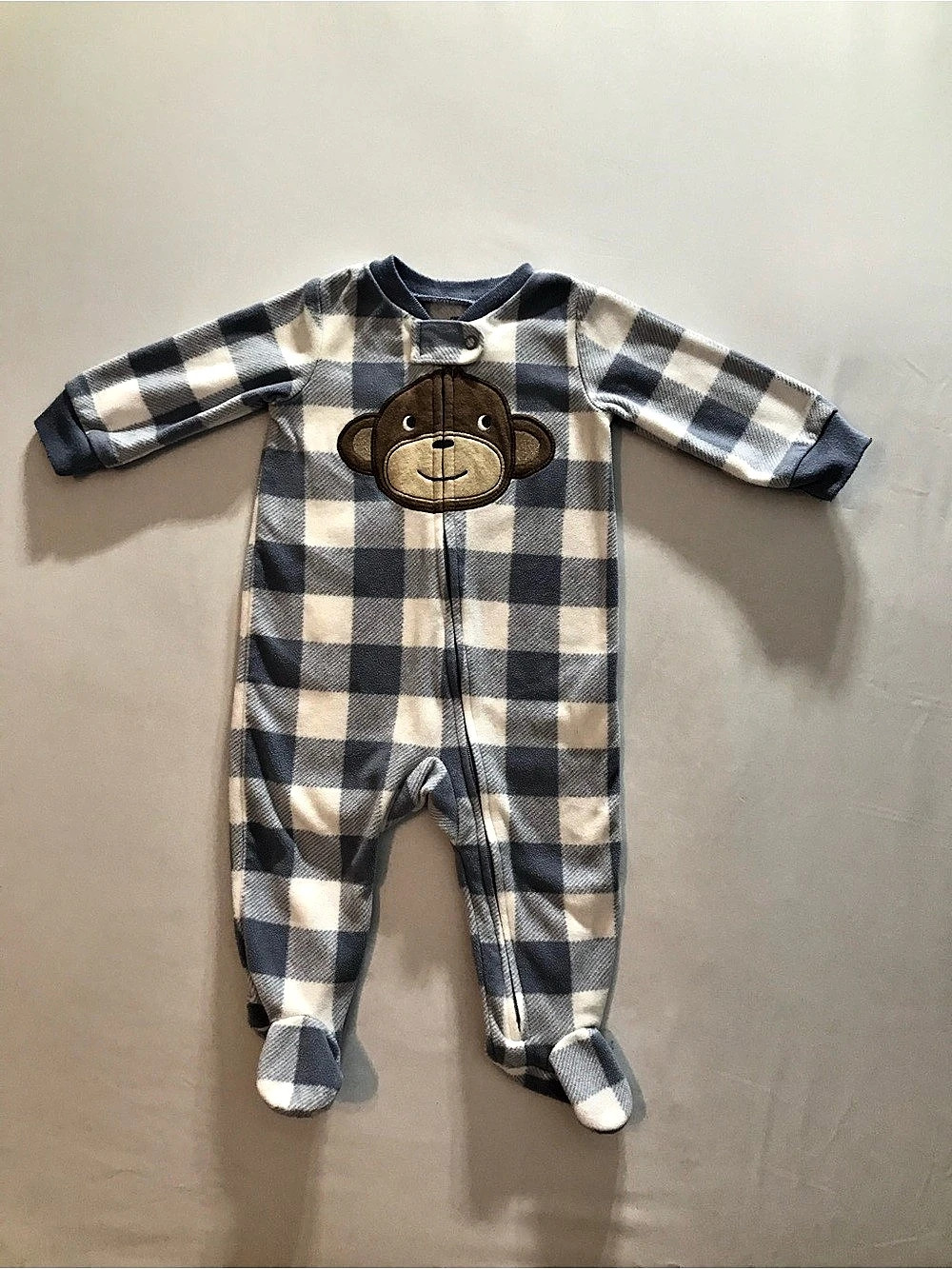 Baby Checkered Footie with Monkey Appliqué